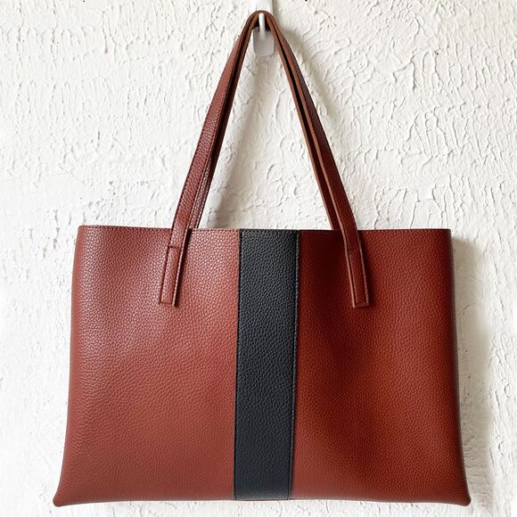 Vince Camuto Luck Tote Brown/Black Pebbled Vegan Leather Shoulder Bag Handbag - Picture 1 of 5